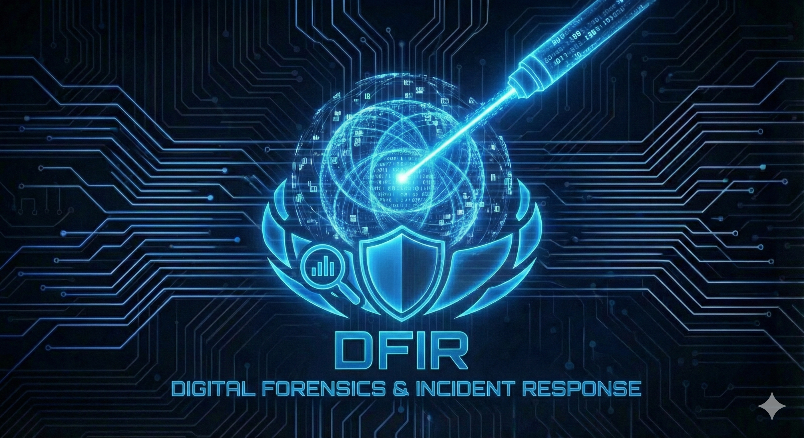 DFIR illustration showing a digital forensics laser scanning a data sphere over shield icons