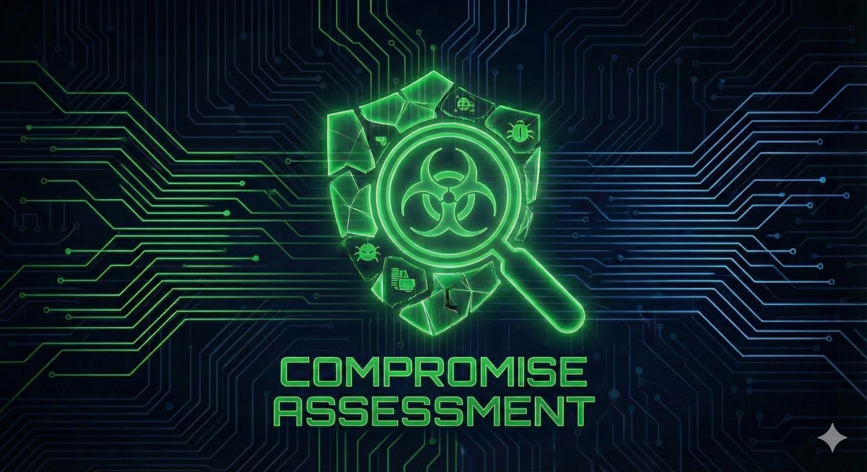 Compromise Assessment illustration with a green biohazard magnifying glass scanning a cracked shield