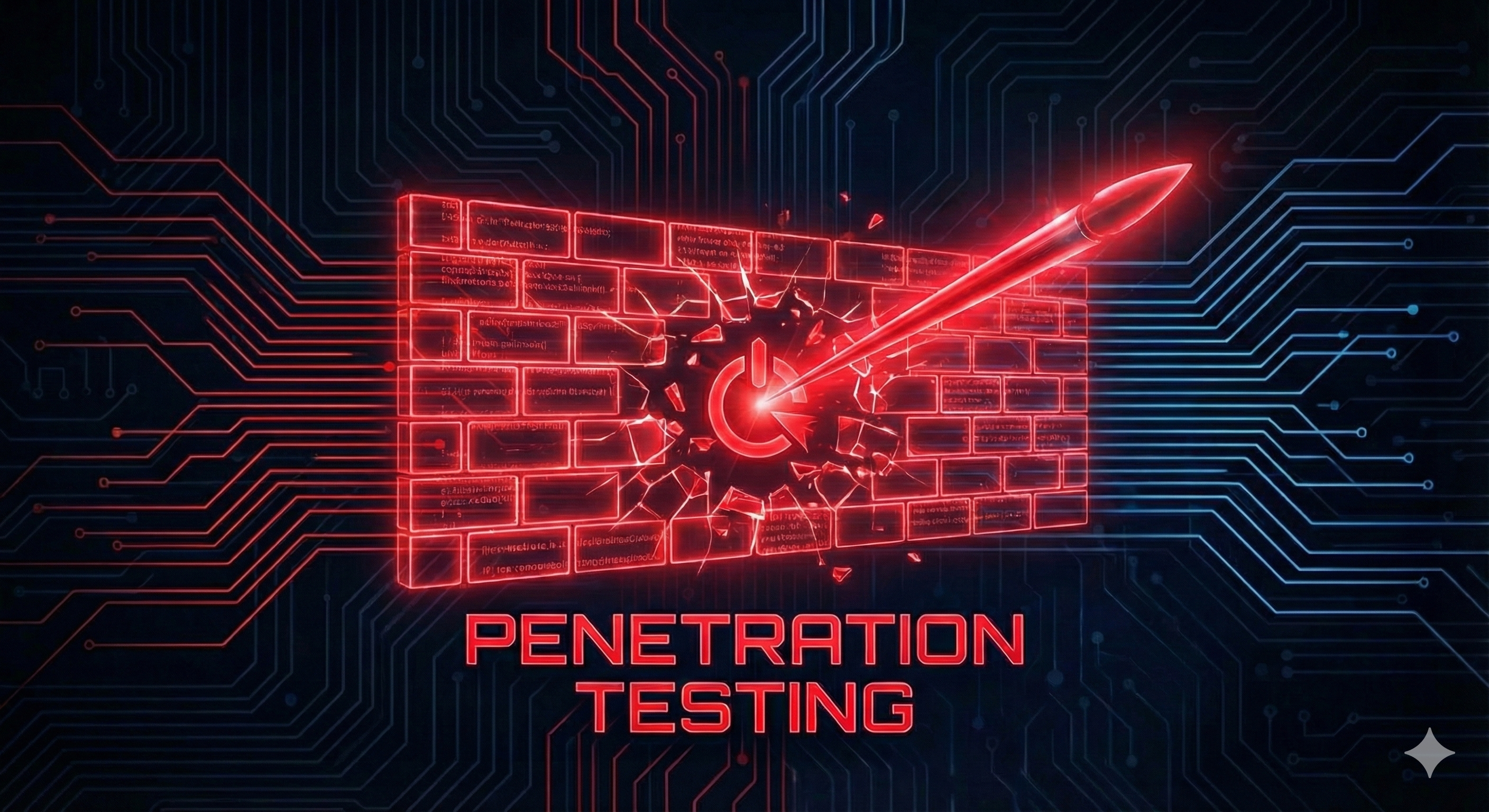 Red Team Penetration Testing illustration showing a digital spear breaching a firewall